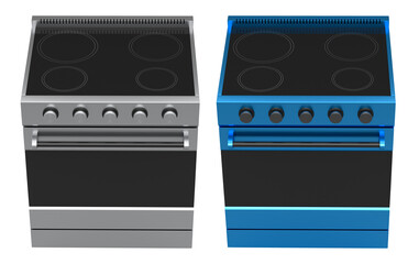 Kitchen electric stove or gas cooker with burning flames of propane gas isolated on white background. 3d render furnace for preparing food and boiling water in saucepan and kettle on kitchen