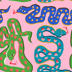 Set of writhing Snakes. Venomous snake silhouettes. Quirky, unique style. Chinese New Year 2025, year of the Snake. Hand drawn Vector illustration. Square seamless Pattern, background, wallpaper