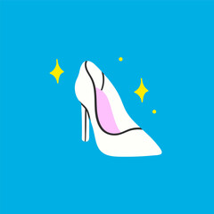White wedding shoe on high heel, yellow sparkles. Fashion, love, proposal, wedding, valentine's day concept. Cartoon style. Hand drawn modern Vector illustration. Isolated design element