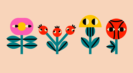 Various abstract Flowers with eyes. Set of quirky unique design elements. Sticker, poster, print templates. Hand drawn trendy Vector illustration. All elements are isolated
