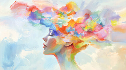 A vibrant and artistic representation of womans profile, with colorful brush strokes forming whimsical hairstyle, evoking creativity and imagination.