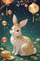 mid-autumn festival illustration card and poster design vertical bunny with moon