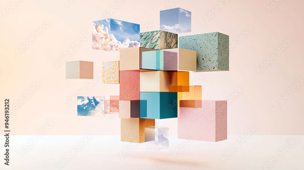Poster floating geometric shapes create vibrant and dynamic composition, showcasing various textures and co