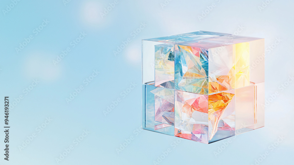 Poster translucent crystal cube reflecting light, creating colorful display. design evokes sense of clarity