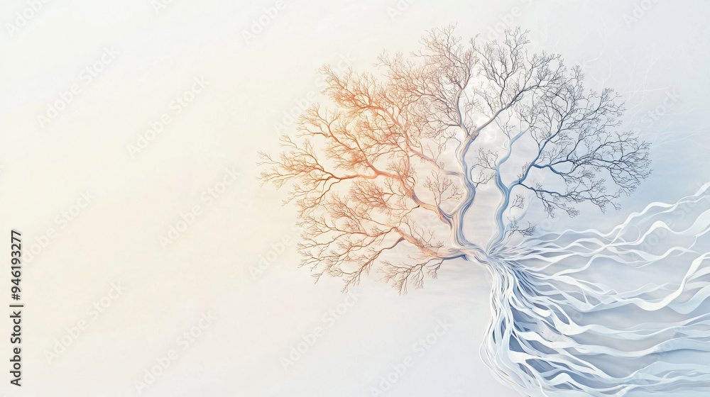 Poster a stylized tree with intricate branches and flowing roots, symbolizing growth and connection. soft c