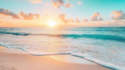Obraz premium A beach wallpaper showing calm ocean with beautiful sky, clouds, and the sun