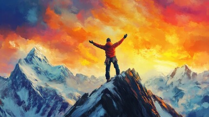 Mountaineer reaching mountain peak celebrating with arms raised