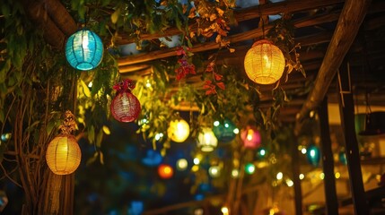 Close-up of a sukkah decorated with bright, colorful decorations, lights, decorative lanterns. Concept of celebrating Sukkot.