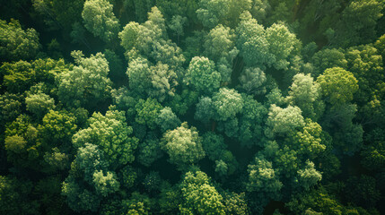 Fototapeta premium Aerial view of a dense forest canopy, with a rich tapestry of green treetops stretching out as far as the eye can see, sunlight filtering through the leaves, creating dappled patterns 
