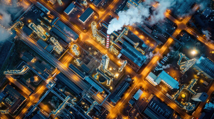 Fototapeta premium Aerial perspective of a city industrial area at night, with factories and warehouses illuminated, smoke rising from chimneys, and a network of glowing roads connecting the area 