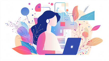 Obraz premium A woman is focused on her laptop, surrounded by colorful abstract elements, conveying sense of creativity and productivity.