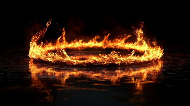 Ring of fire burning on wet asphalt at night reflecting on the ground