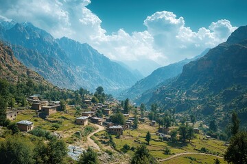 Fototapeta premium A remote mountain village nestled in a valley, surrounded by towering peaks and a deep blue sky