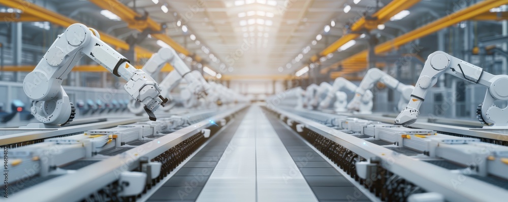 Poster modern automated assembly line with robotic arms in a high-tech manufacturing factory. industrial te