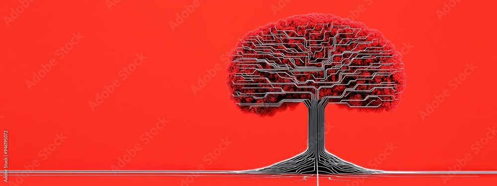 Poster technological tree with roots in traditional tools and branches leading to advanced ai, iot, and clo