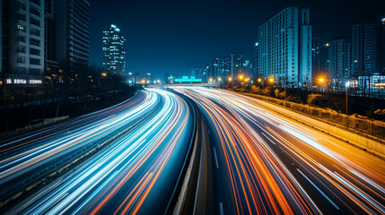 Długie naświetlanie uchwyciło autostradę w nocy, gdzie paski świateł pojazdów są rozmyte, tworząc żywy obraz ruchu i aktywnych szlaków na ciemnym tle.