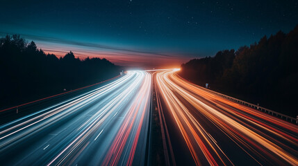 Długie naświetlanie uchwyciło autostradę w nocy, gdzie paski świateł pojazdów są rozmyte, tworząc żywy obraz ruchu i aktywnych szlaków na ciemnym tle.