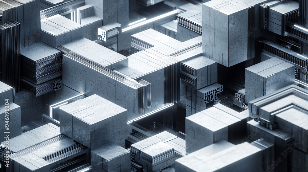 Poster Futuristic abstract structures create mesmerizing, intricate landscape of metallic blocks and illuminated lines, evoking sense of depth and complexity.