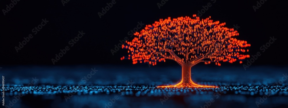 Poster technological tree with roots in traditional tools and branches leading to advanced ai, iot, and clo