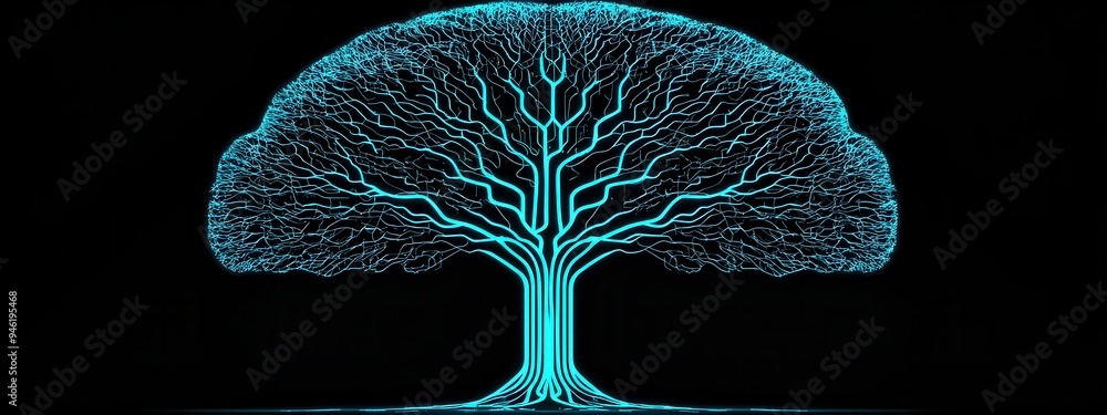 Poster technological tree with roots in traditional tools and branches leading to advanced ai, iot, and clo