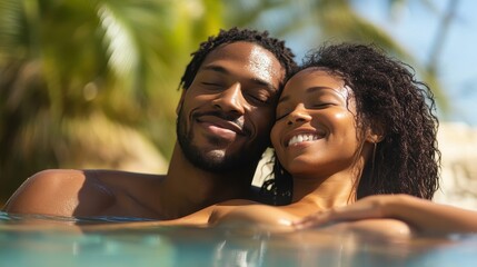 Fototapeta premium An African American couple relaxes together in a tranquil spa, surrounded by nature, cherishing their time in blissful harmony