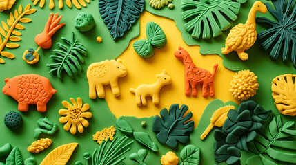 Colorful animal and plant figures made of modeling clay arranged on vibrant background. playful scene evokes creativity and joy.