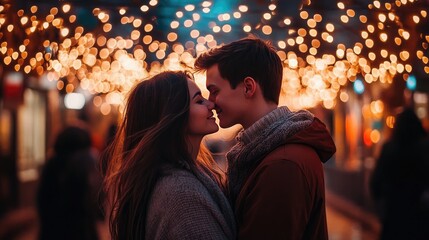 A couple sharing a kiss under a canopy of fairy lights, creating a dreamy and romantic setting