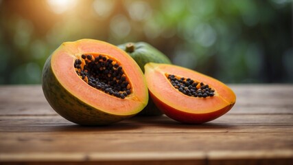 Ripe papaya fruit on a wooden table Slices of the delicious papaya and halved fruits on the wooden surface.