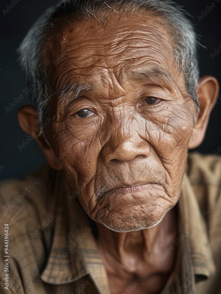 Poster an elderly man embodies wisdom and calmness, with deep-set wrinkles that reflect a lifetime of exper