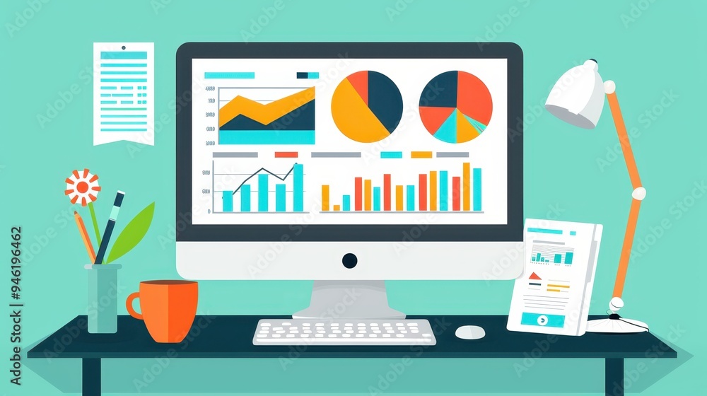 Poster modern desk setup with computer, graphs, charts, and reports for data analysis and business producti