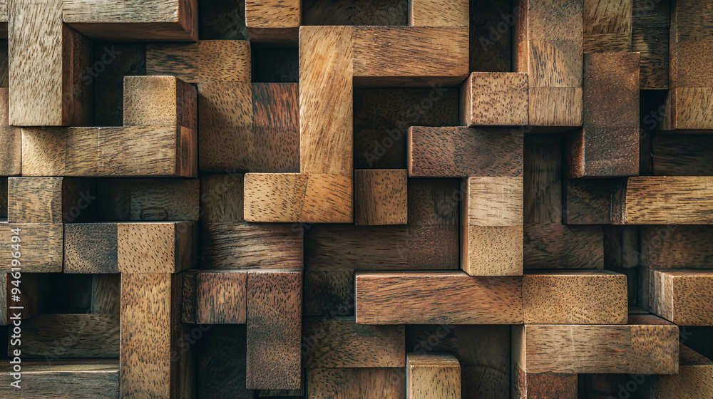 Poster textured wooden blocks create an intricate pattern, evoking sense of warmth and craftsmanship. arran