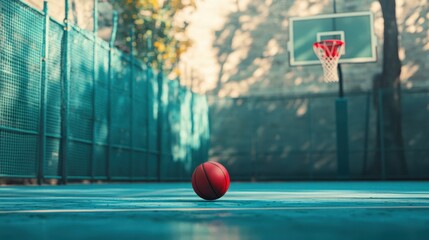 A basketball court with a basketball and basketball hoop.