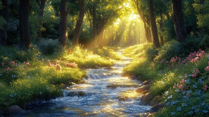 Obraz premium Tranquil woodland path beside a crystal-clear brook, rabbits hopping, birds singing, tall ancient trees providing shade, soft light filtering through -