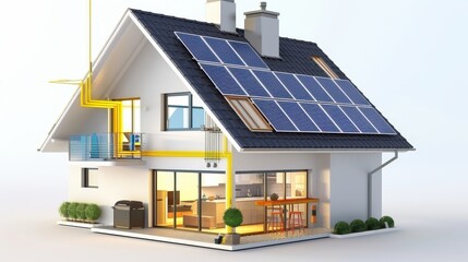 Modern energy-efficient house with solar panels on the roof, contemporary architecture, and sustainable design features.
