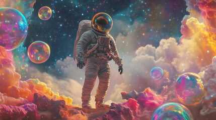 Malarskie dzieło sztuki ukazujące astronautę zanurzonego w żywych bąbelkach w kolorowej galaktyce na dalszej planecie.