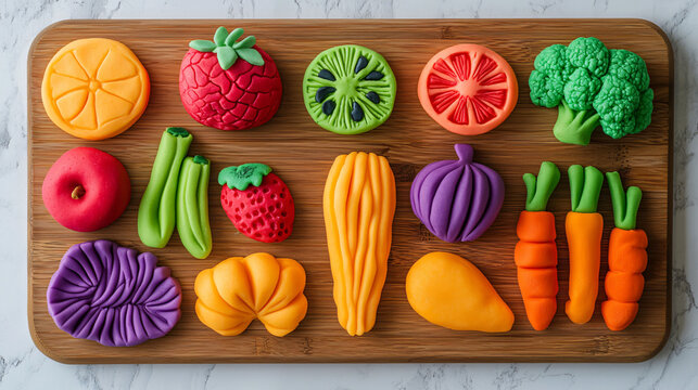 Colorful fruits and vegetables made of play dough are arranged on wooden board, showcasing variety of shapes and vibrant colors. playful display evokes sense of creativity and fun.