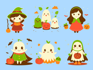 Naklejka premium Cartoon witch, ghost, pumpkin and scythe, Halloween decoration, vector illustration for card design, print, website and social media.