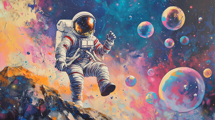 Malarskie dzieło sztuki ukazujące astronautę zanurzonego w żywych bąbelkach w kolorowej galaktyce na dalszej planecie.