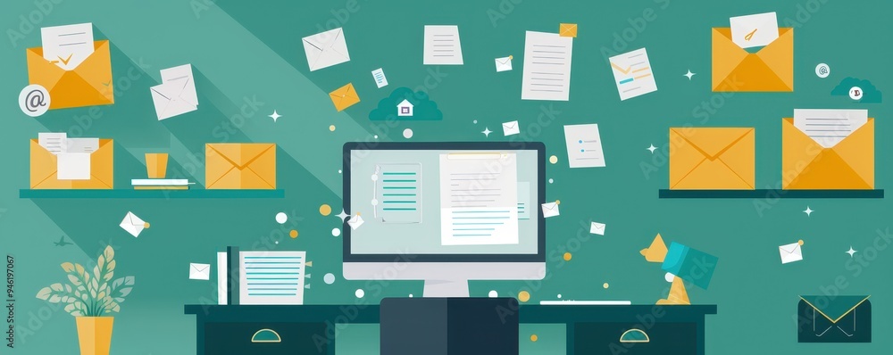 Poster modern desk with a computer monitor surrounded by flying emails and documents, representing digital 