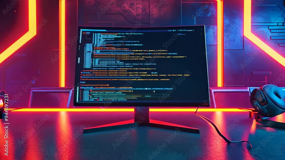 Poster a sleek computer desk featuring a modern keyboard and stylish headphones, creating an ideal workspac