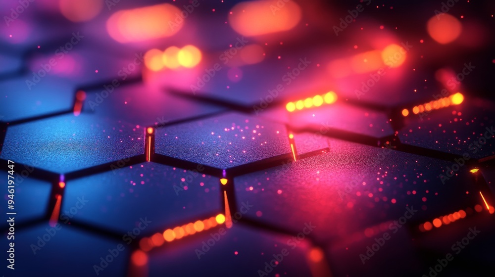 Poster abstract technological background with hexagons and glowing lines