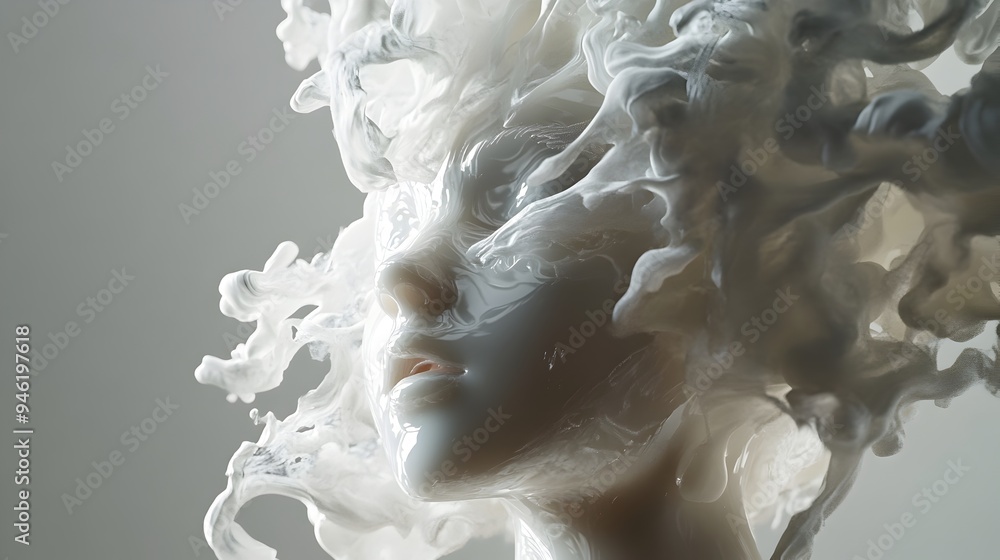 Poster a conceptual image of a doll covered in fluid abstract designs that change shape and morph as the li