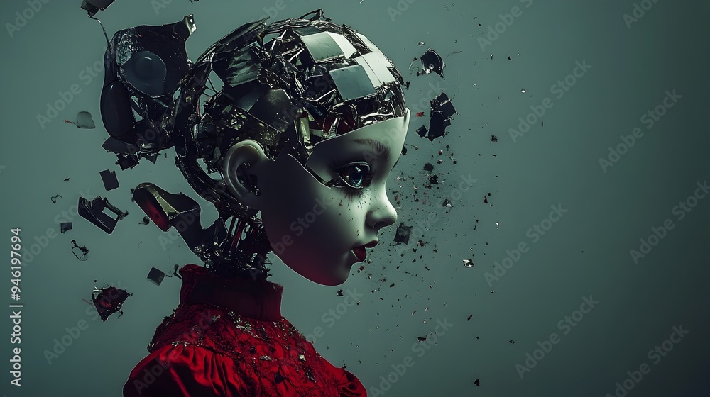 Poster deconstructed doll a surreal of identity and transformation this conceptual image depicts a doll wit