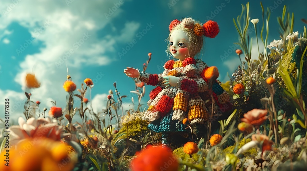 Aufkleber a conceptual image of a doll in a surreal vibrant landscape where unusual elements interact with the