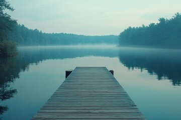 Fototapeta premium A serene lakeside scene with a small wooden pier, calm waters, and the distant sound of a loon calling