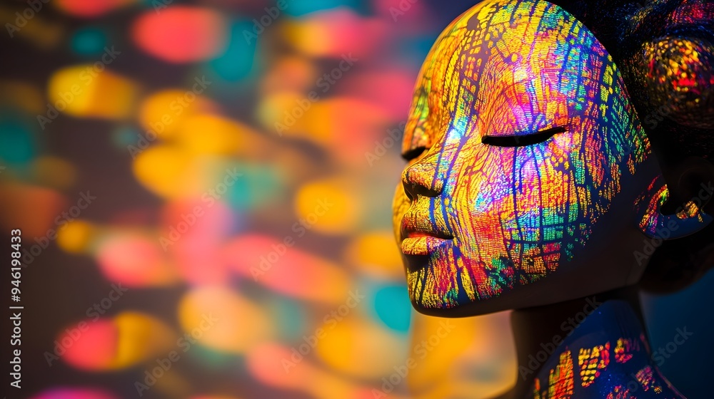 Poster a conceptual image showcasing a doll submerged in a mesmerizing display of vibrant abstract patterns