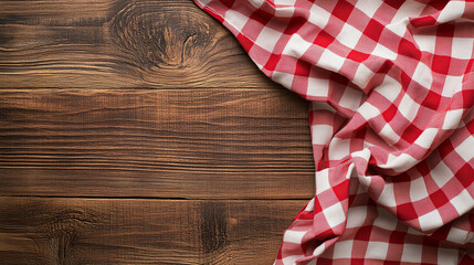 Obraz premium red table cloth with wooden background. Kıtchen or food background copy space. 
