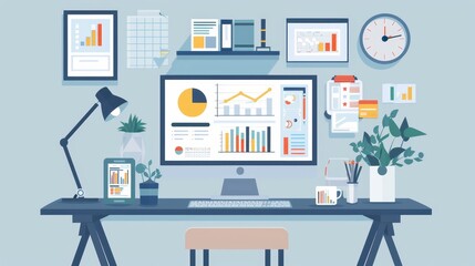 Modern home office setup with a computer, charts, and graphs displayed on multiple screens and wall frames, creating a productive workspace environment.