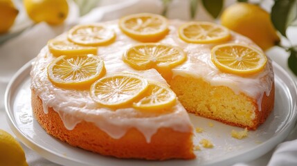 A delicate lemon cake with a light glaze and candied lemon slices, ideal for fresh and zesty dessert visuals