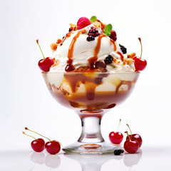 Delicious sundae topped with cherries, berries, and caramel sauce, perfect for dessert lovers.